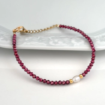 Bransoletka z perłą kamień naturalny granat 3 mm