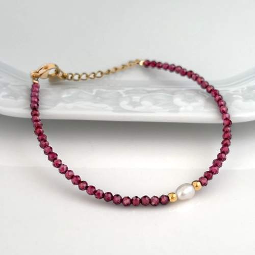 Bransoletka z perłą kamień naturalny granat 3 mm